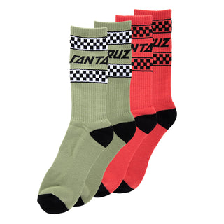 SANTA CRUZ DRIFT STRIP 2-PACK CREW SOCKS (MOSS/PASTEL RED MULTI)