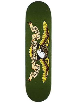 Skateboard deck with eagle design and text on a green background