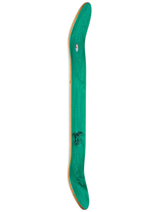 Green skateboard deck with a logo on a white background