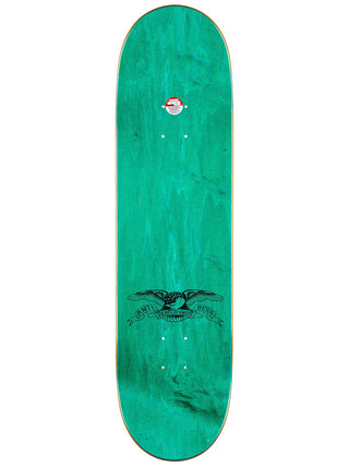 Green skateboard deck with a logo on a white background