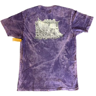 Purple t-shirt with a white graphic design on a textured surface