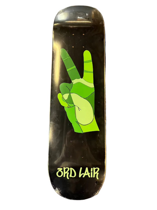 Skateboard deck with green hand gesture design and '3RD LAIR' branding on a metallic surface