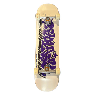 A white skateboard viewed from directly above, featuring a bold purple and black graffiti-style graphic on the deck, resting on a dark gray floor.