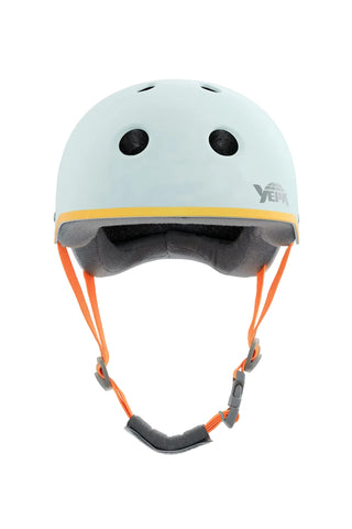 Light blue helmet with orange straps on a white background