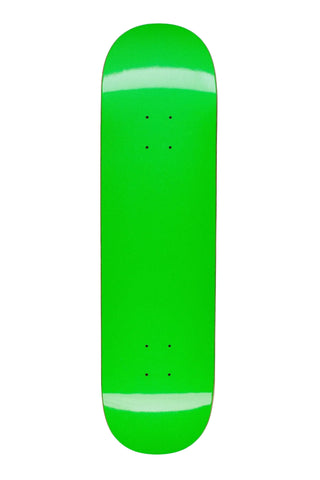 A bright neon green skateboard deck shown from a top-down view against a light gray background.